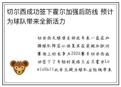 切尔西成功签下霍尔加强后防线 预计为球队带来全新活力 切尔西成功签下霍尔加强后防线 预计为球队带来全新活力